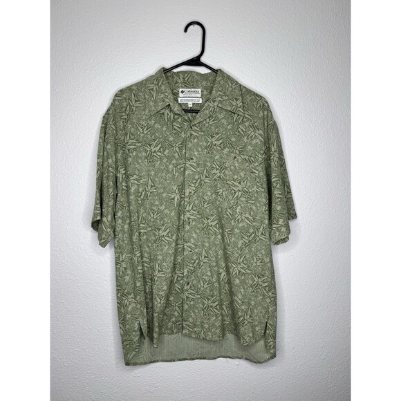 Vtg Columbia Button Front Shirt Men's Medium Silk Green Hawaiian Palm Leaves 90s - Picture 1 of 16
